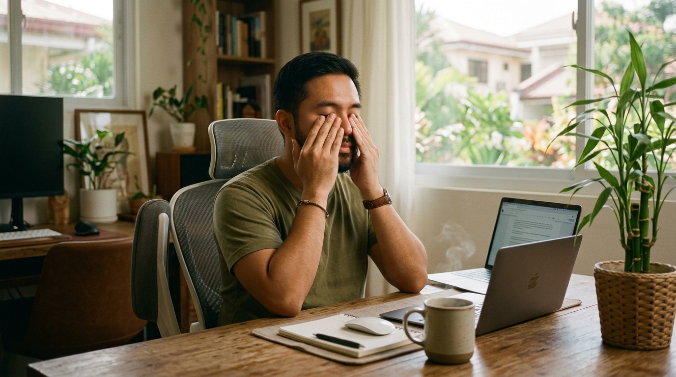 A remote worker seated at a home desk doing a gentle eye palming break in Davao City