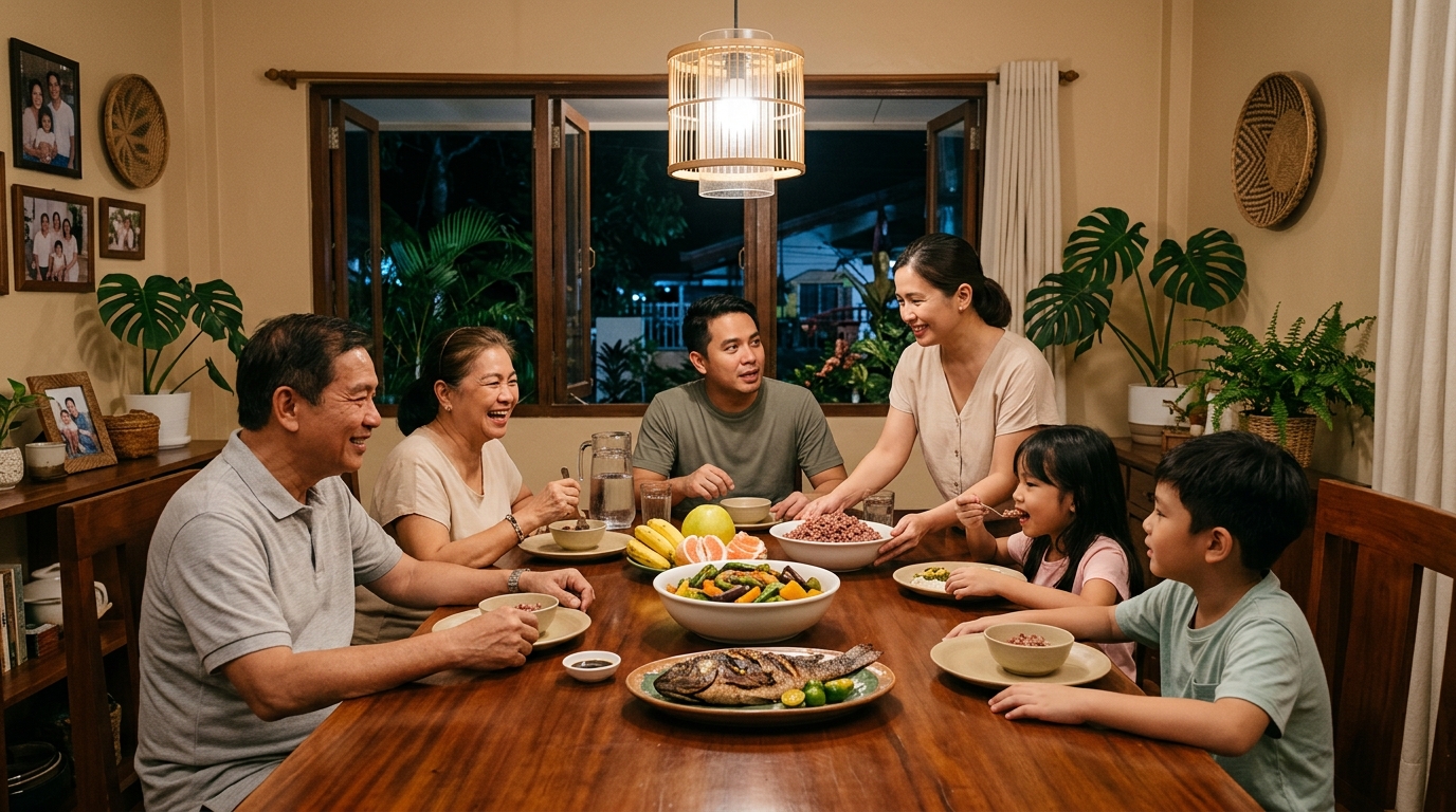 A Filipino family sharing a balanced dinner with fresh vegetables and fish in a calm dining room