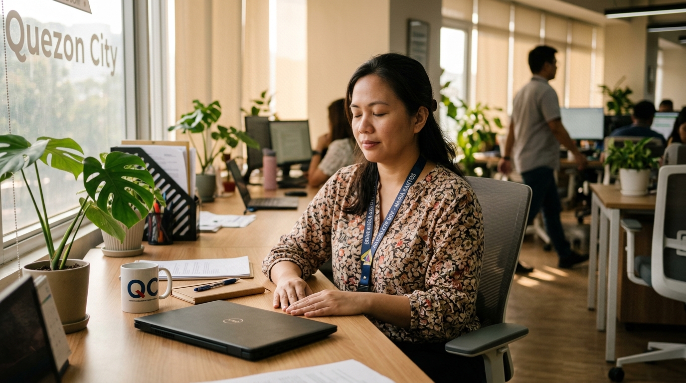 A professional in an office taking a calm moment to close their eyes and relax facial muscles