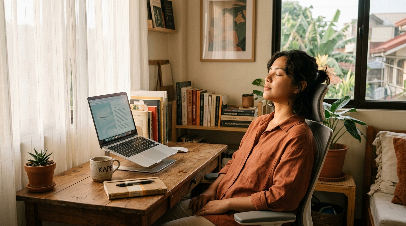 A young Filipino professional in a home office pausing from computer work to rest their eyes during a 5-minute break