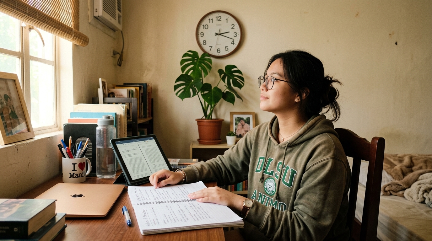 A student looking up from their study tablet to focus on a distant wall clock