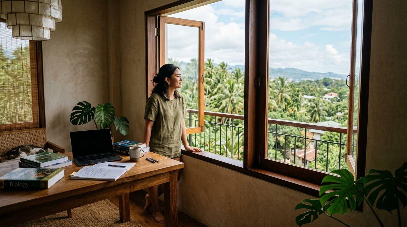 A person looking out of an open window during a study break in Cebu